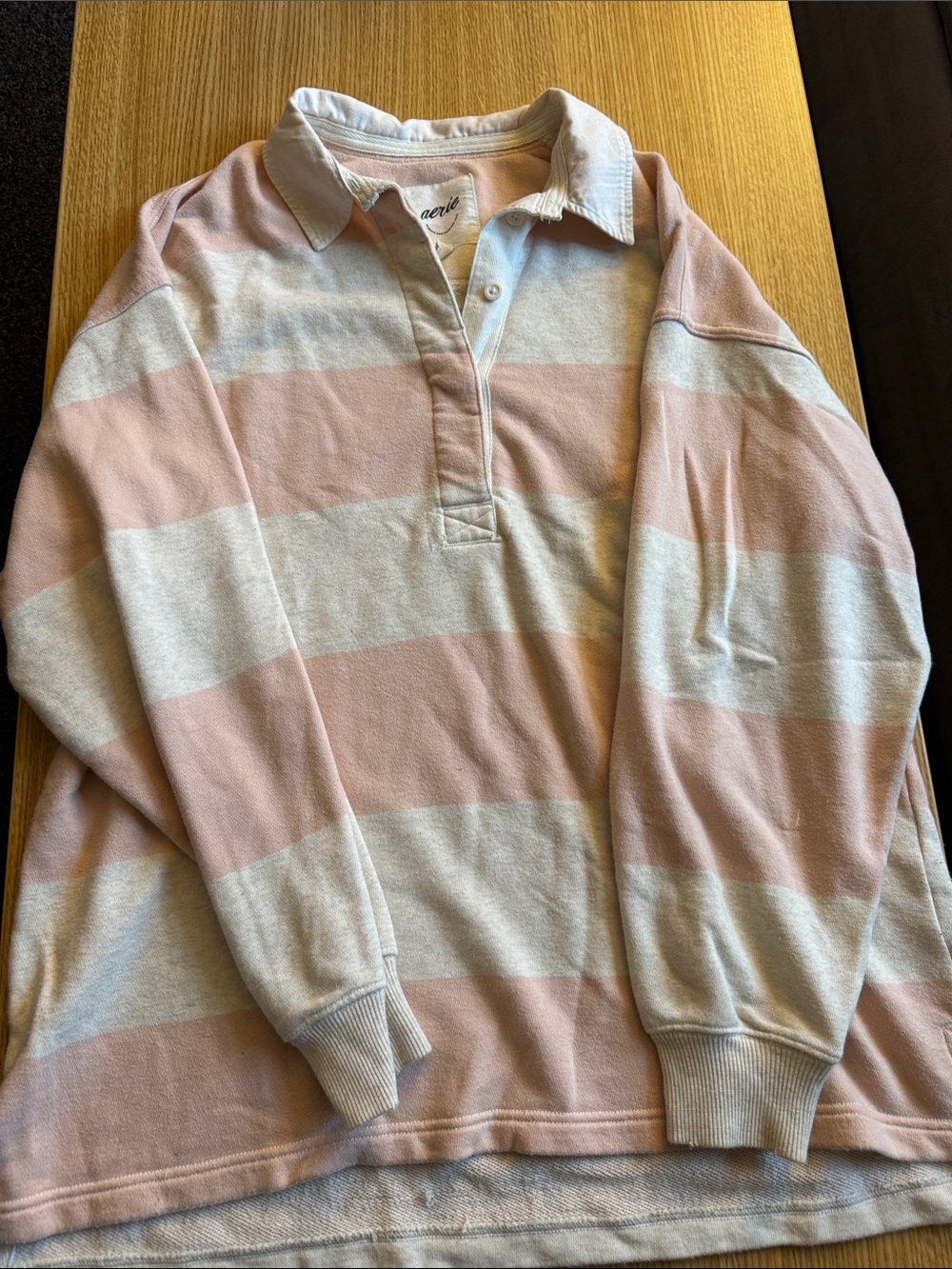 aerie Women's Long-Sleeve Rugby Polo - Pink & Cream Stripes